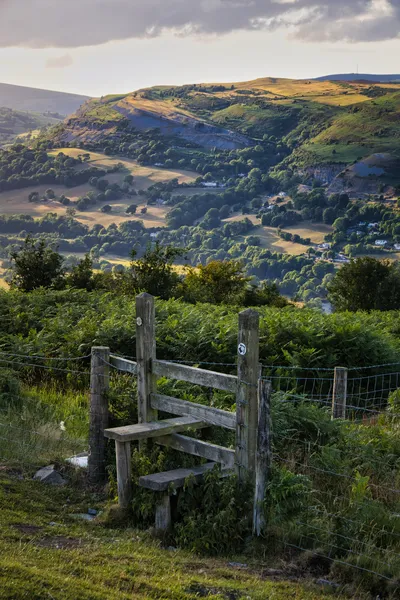 A wooden stile and wire fence in the foreground, surrounded by green ferns and grass, overlook a wide valley with rolling hills, trees, and scattered houses under a cloudy sky.