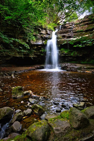 A long exposure photograph of a waterfall cascading over rocky ledges into a dark pool, surrounded by green trees and mossy rocks.