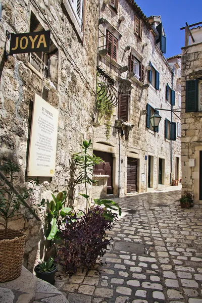A narrow cobblestone street in Hvar, Croatia, with old stone buildings on both sides. The buildings have numerous windows with closed and open shutters, and there are potted plants along the left side