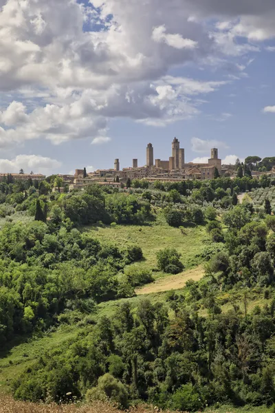 A panoramic view of the medieval hilltop town of San Gimignano, Italy, with its distinctive towers, surrounded by green forested hills and fields under a partly cloudy sky.