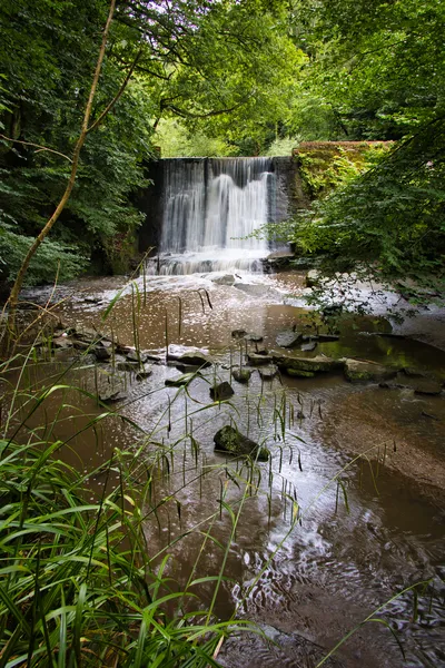 A long exposure shot of a waterfall flowing over a man-made stone wall into a rocky stream surrounded by lush green trees and reeds.