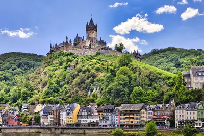 A large medieval castle sits atop a steep, tree-covered hill with vineyards, overlooking a river and a town of colorful houses on its bank under a blue sky.