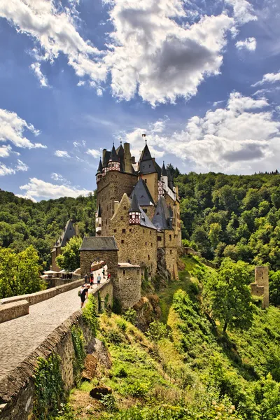 A medieval castle with stone walls and dark roofs, surrounded by dense green forest, under a blue sky with white clouds. A stone bridge leads to the castle, with people walking on it.