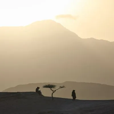 A wide shot of a hazy desert mountain landscape at sunrise. Two silhouetted figures and a small, sparse tree are in the foreground, with layered mountains fading into the golden light.