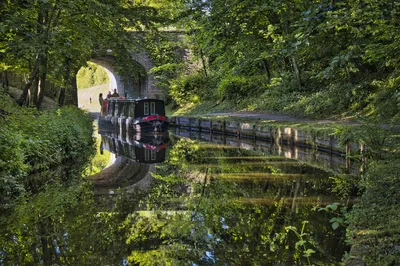A black and red narrowboat with people on board navigates a canal under a stone arch bridge, surrounded by dense green trees and foliage, with reflections in the water.