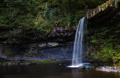 A long exposure photograph of a waterfall flowing into a dark pool, surrounded by green moss and rocky cliffs in a woodland setting.