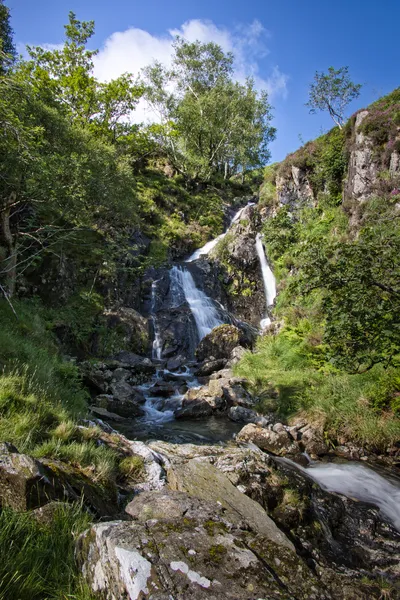 A long exposure photograph of a multi-tiered waterfall cascading over mossy rocks and surrounded by green trees and grass under a blue sky.