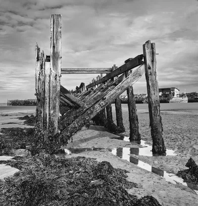 Black and white photograph of weathered wooden pier pilings and beams covered in seaweed on a sandy beach at low tide, with a town and boat in the background.