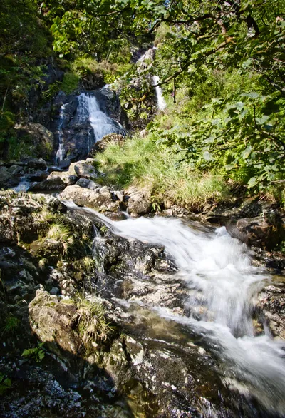 A waterfall cascades down a rocky, green hillside with lush trees and grass, and blurred water flowing over rocks in the foreground.