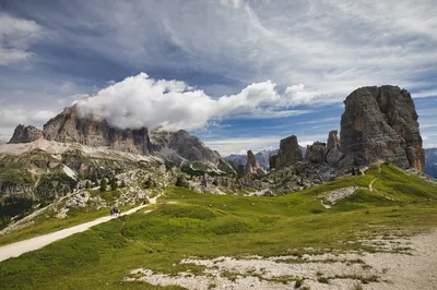 A wide view of a mountain landscape with a winding dirt path, hikers, and large rock formations under a cloudy sky.