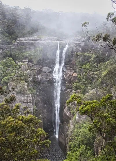 A tall waterfall cascades down a dark, rocky cliff face into a pool, surrounded by lush green trees and mist at the top.