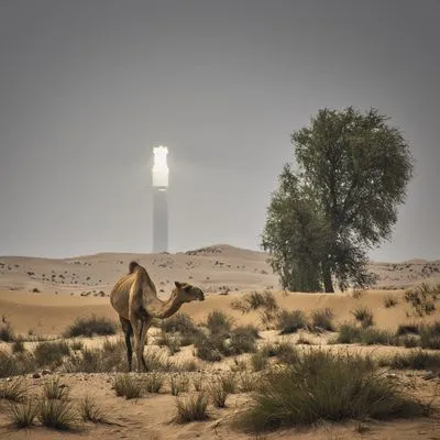 A camel stands in a desert landscape with sand dunes and sparse green bushes. In the hazy distance, a tall, glowing solar power tower is visible, with a single green tree to the right.