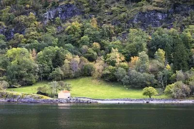 A small light-colored wooden shed sits on a rocky shore next to dark water, with a green grassy hill behind it. The hill is covered in a dense forest of trees displaying green and yellow autumn foliag