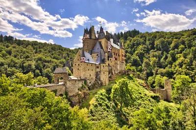 A large, historic stone castle with multiple towers and red-trimmed windows, surrounded by dense green forest under a blue sky with white clouds.