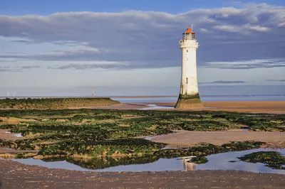 A white lighthouse with a red top stands on a sandy beach with green seaweed and water pools at low tide. A rock wall extends into the water in the distance, with wind turbines on the horizon under a 