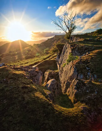 A vibrant sunset over a mountainous landscape with a silhouetted castle on a distant hill and a bare tree on a rocky cliff in the foreground.