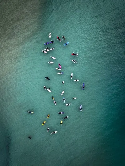 Aerial view of many surfers on their boards in clear, turquoise ocean water. The surfers are spread out across the frame, some paddling, others waiting.