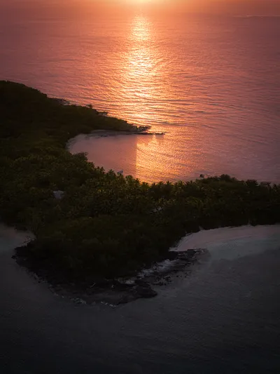 Aerial view of a tropical island at sunset with golden light reflecting on the ocean and dense green foliage.