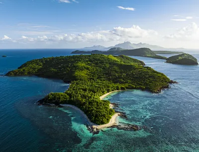 Aerial view of a tropical island covered in green trees, with white sand beaches and clear turquoise ocean showing coral reefs.